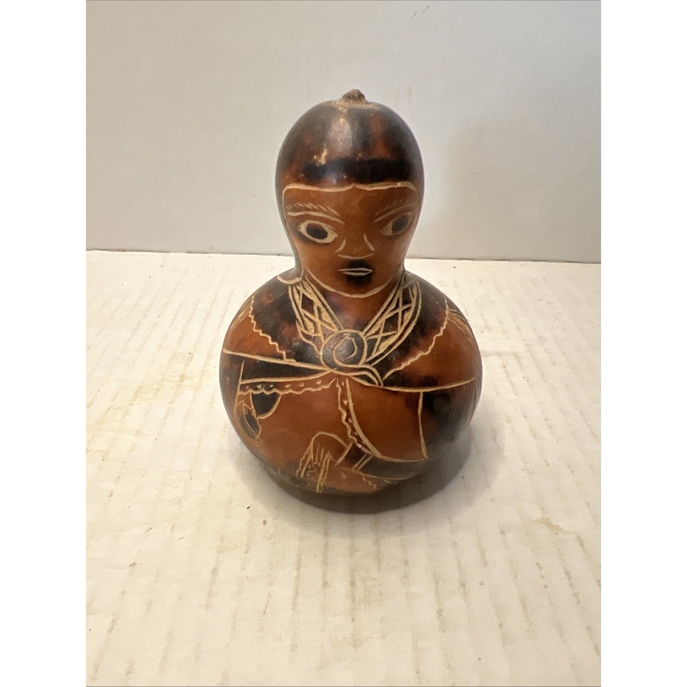 Vintage Folk Art Hand-Carved Etched Portuguese Gourd Woman Rattle